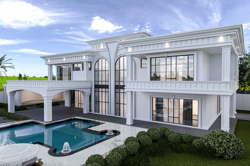 Vilă modern-clasică cu ferestre arcuite și piscină cu fântâni