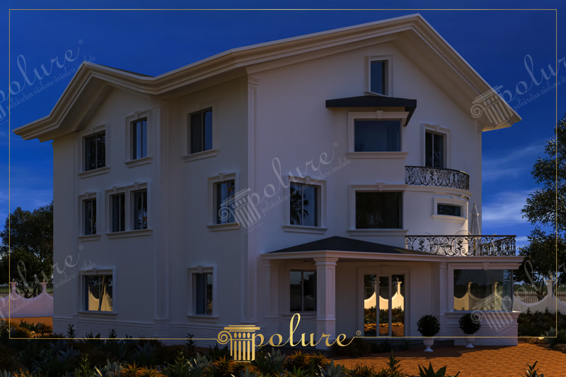 Fatada vila crem la asfintit cu profile decorative si portic