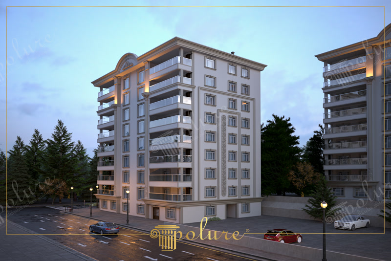 Bloc de locuinte crem cu fronton arcuit central, coloane la ultimul etaj si balcoane cu balustrade de sticla