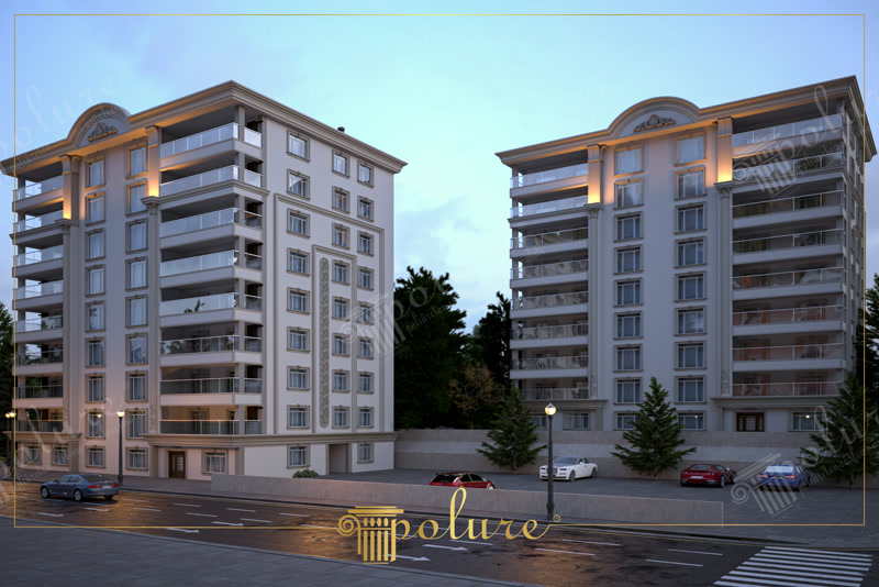 Doua blocuri rezidentiale crem in perspectiva, fiecare cu fronton arcuit central si balcoane cu sticla