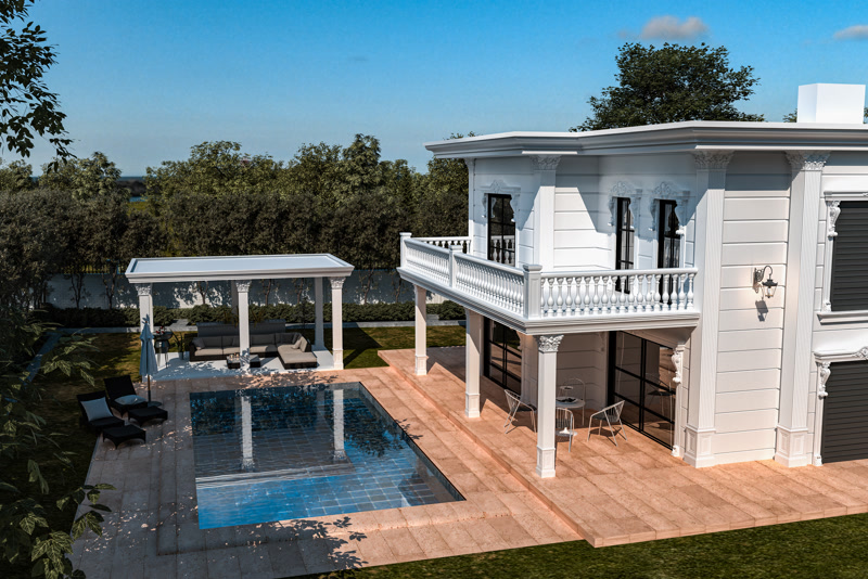 Vila cu piscina, terasa cu balustrade si pergola cu coloane