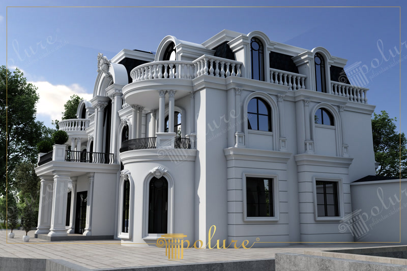 Vila alba pe trei niveluri cu turn rotunjit si balcon curb