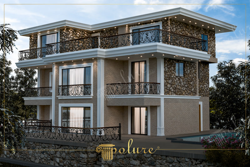 Vila cu fatada din piatra si caramida, cornise poliuretan si piscina laterala