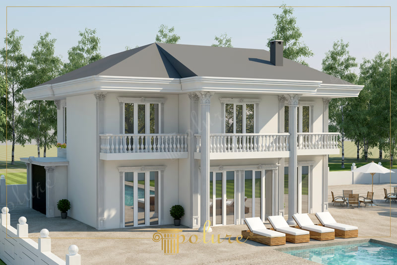 Vila neoclasica cu coloane corintice albe, balustrada si piscina in curte