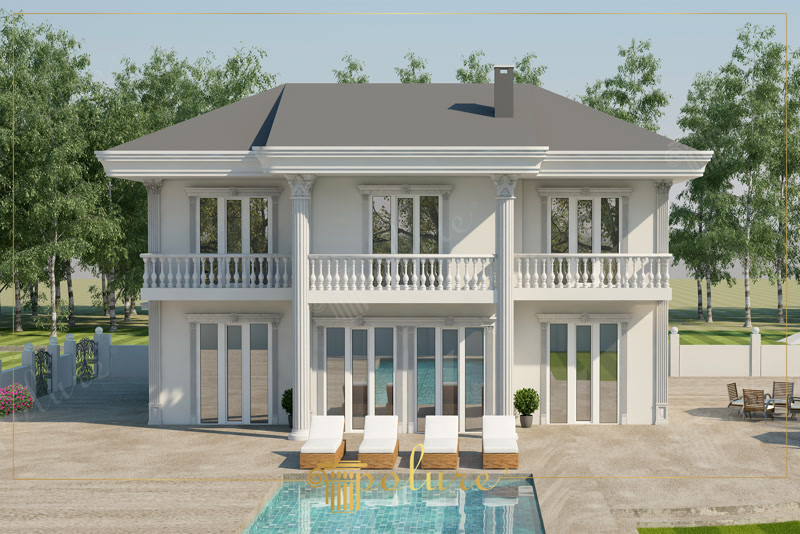 Fatada neoclasica cu coloane si balustri langa piscina
