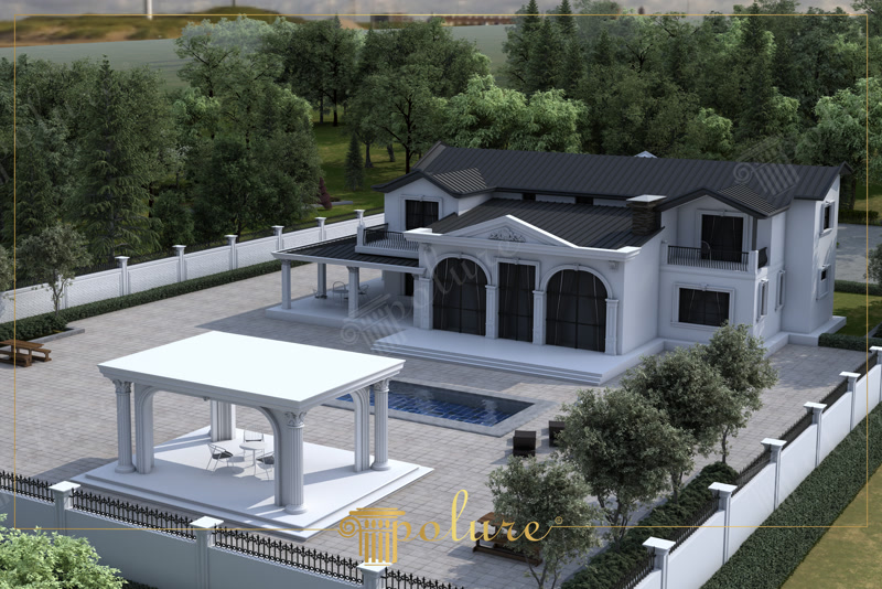 Vedere aeriana a unei vile cu fronton si pergola cu coloane din poliuretan