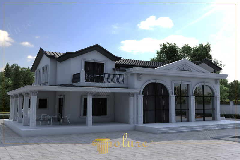 Resedinta modern-clasica cu terasa pe coloane si ferestre arcuite