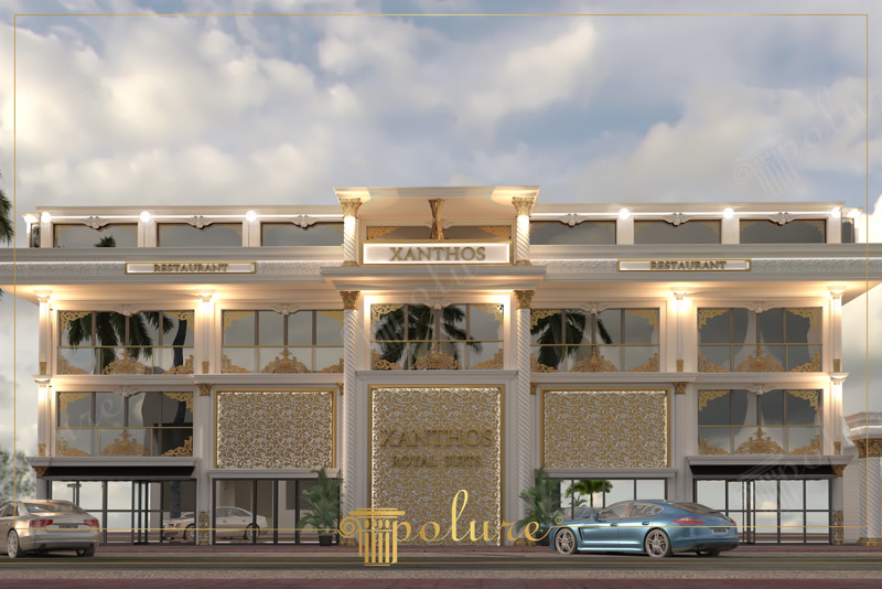 Fatada frontala restaurant Xanthos Royal Suites cu decor auriu