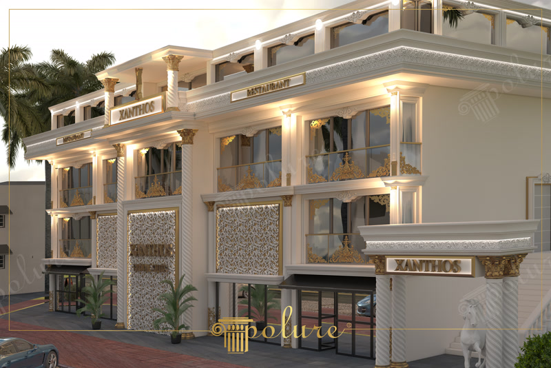 Restaurant Xanthos vazut din colt, cu coloane aurite, panouri decorative si statuie de cal in lateral