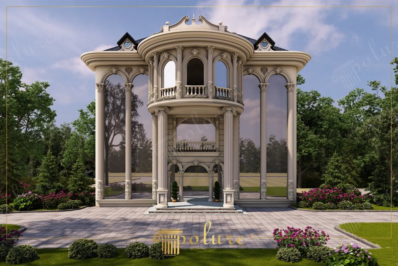 Pavilion crem de grădină cu turn rotund, balcon circular și laterale vitrate
