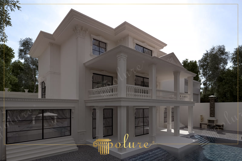 Vilă albă văzută lateral, cu pilaștri corintici de colț și balcon la etaj