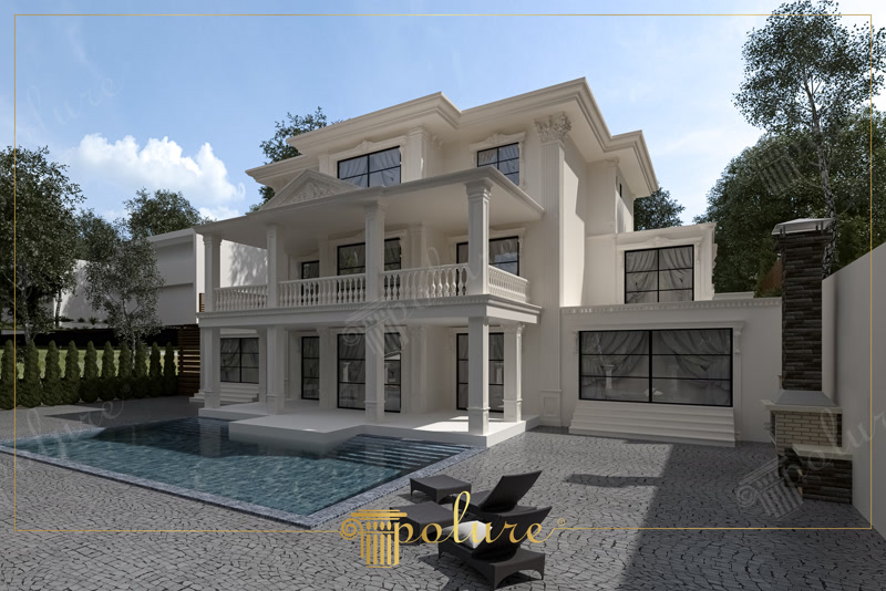 Vilă albă cu piscină, loggii cu coloane suprapuse și fronton central în curte