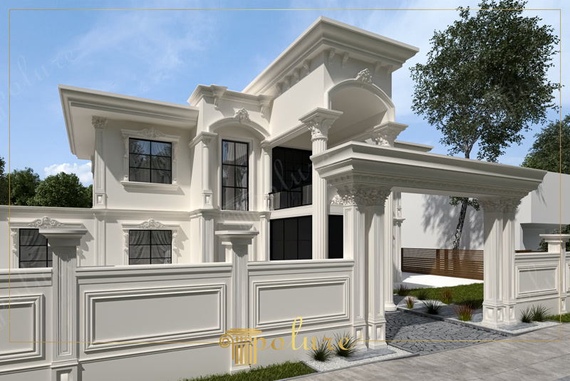Vilă modern-clasică cu ancadramente sculptate și carport