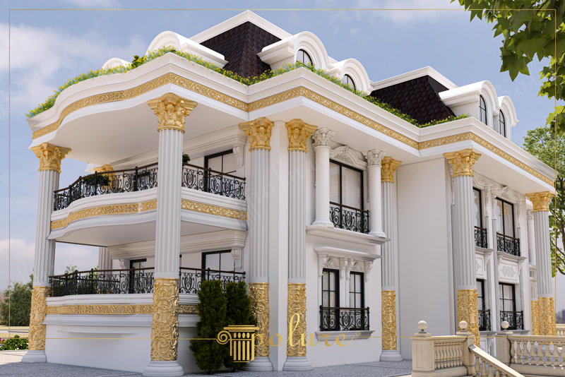 Vila alba cu aur, coloane corintice si brauri decorative din poliuretan