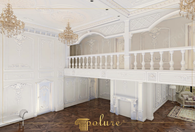 Interior clasic cu balustradă, semineu și candelabre