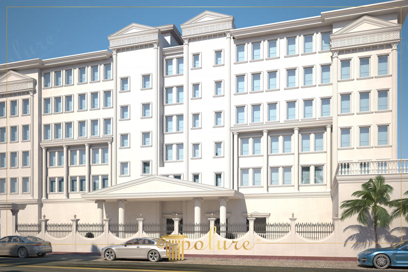 Fatada complex hotelier cu frontoane si coloane din poliuretan