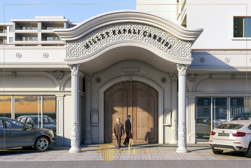Portal de intrare hotel cu arc decorat si coloane torsionate