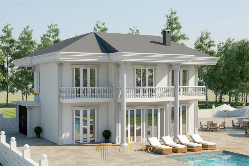 Fatada de vila spre piscina cu loggie, coloane si balustrada din poliuretan