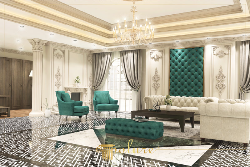 Living neoclasic crem cu pilastru corintic și panouri decorative din poliuretan, mobilier verde