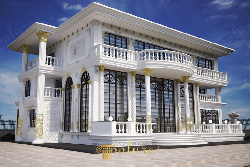 Fațadă de vilă cu coloane și balustrade din poliuretan
