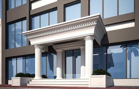 Neoklasik Dokunuşlu Modern Bina Girişi: Poliüretan Taç ve Sütun Tasarımı