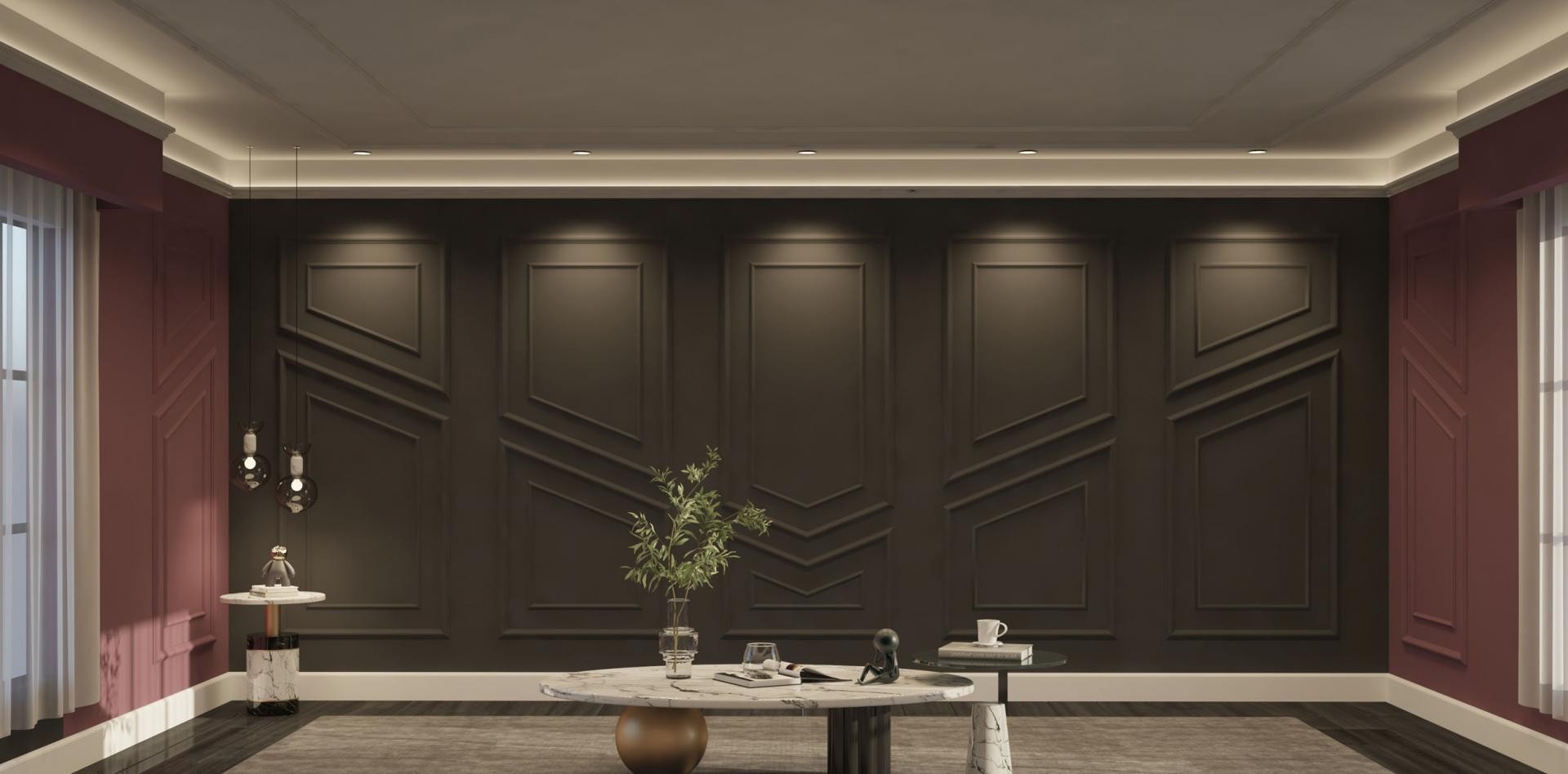 Perete cu lambriuri decorative geometrice maro-bordo și cornișă cu lumină ascunsă