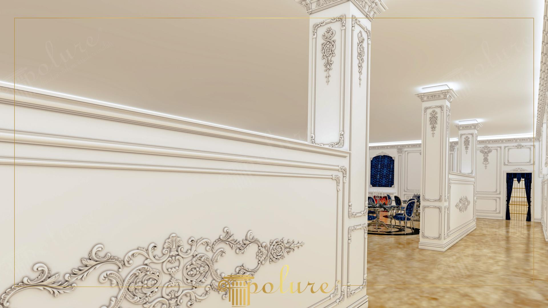Perete despartitor jos cu aplica florala si pilastri decorativi din poliuretan alb