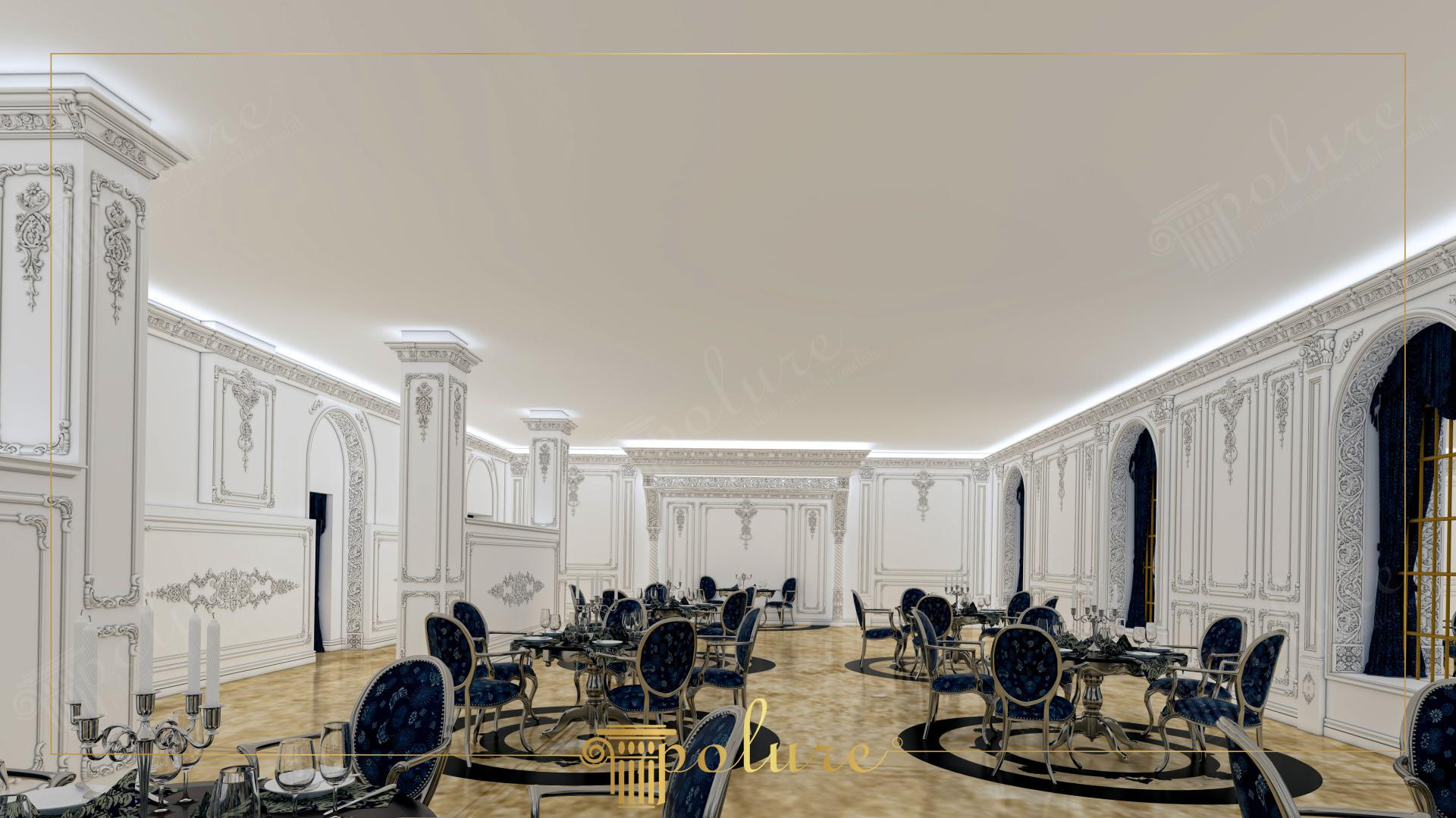 Salon de restaurant alb cu panouri decorative argintii, nișe arcuite și scaune albastre