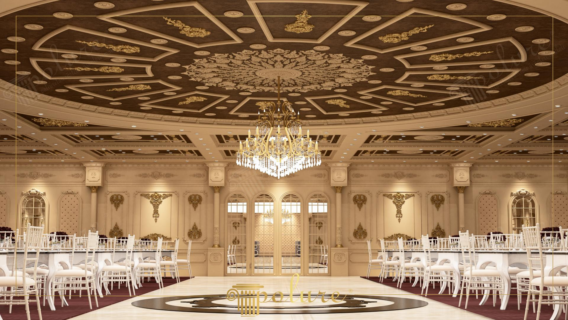 Sală de bal cu tavan în cupolă circular, rozetă centrală și candelabru de cristal