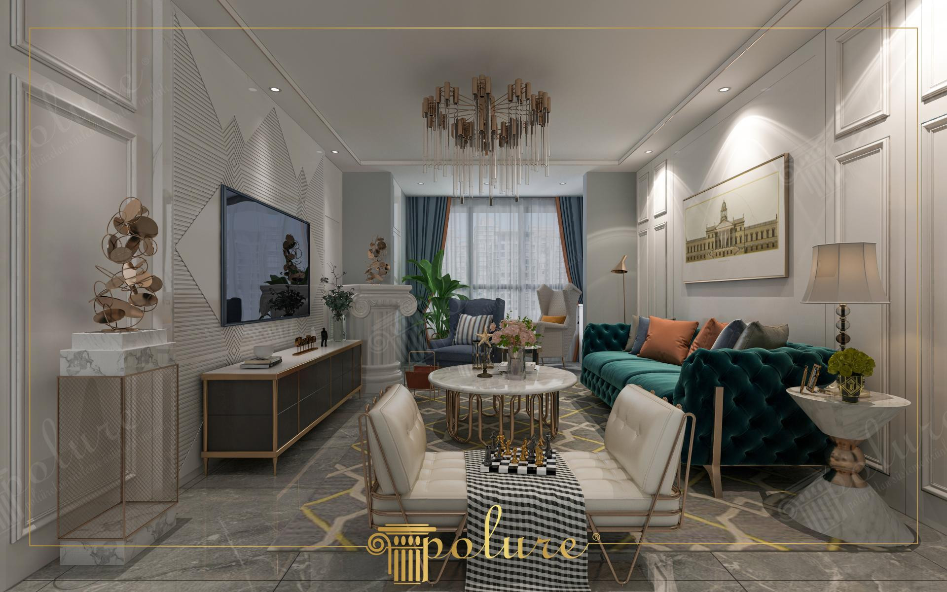 Living neoclasic cu rame decorative de perete, canapea verde și candelabru modern