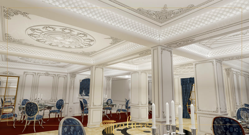 Salon neoclasic cu rozeta de tavan, pilastri canelati si panouri decorative din poliuretan