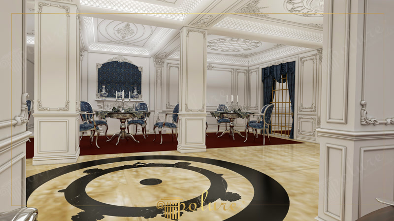 Salon de mese cu pilastri si medalion de pardoseala decorat