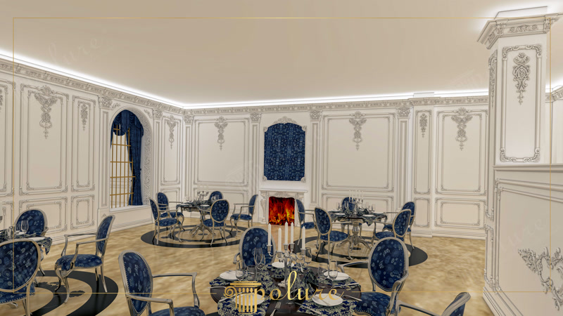 Salon clasic cu semineu si lambriuri decorate din poliuretan