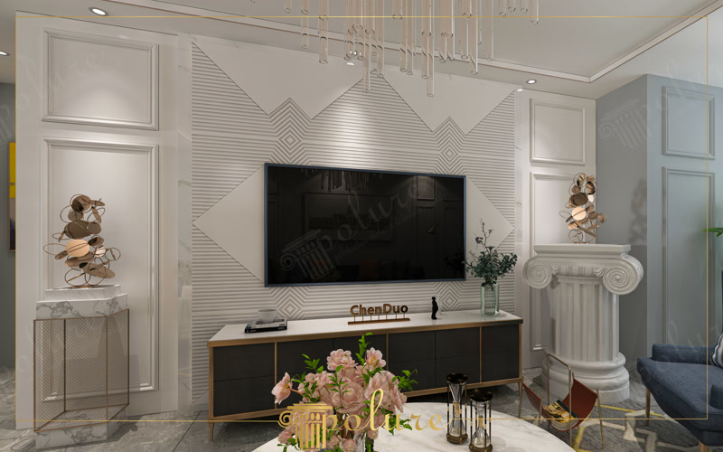 Perete TV modern cu coloană ionică și panouri 3D texturate
