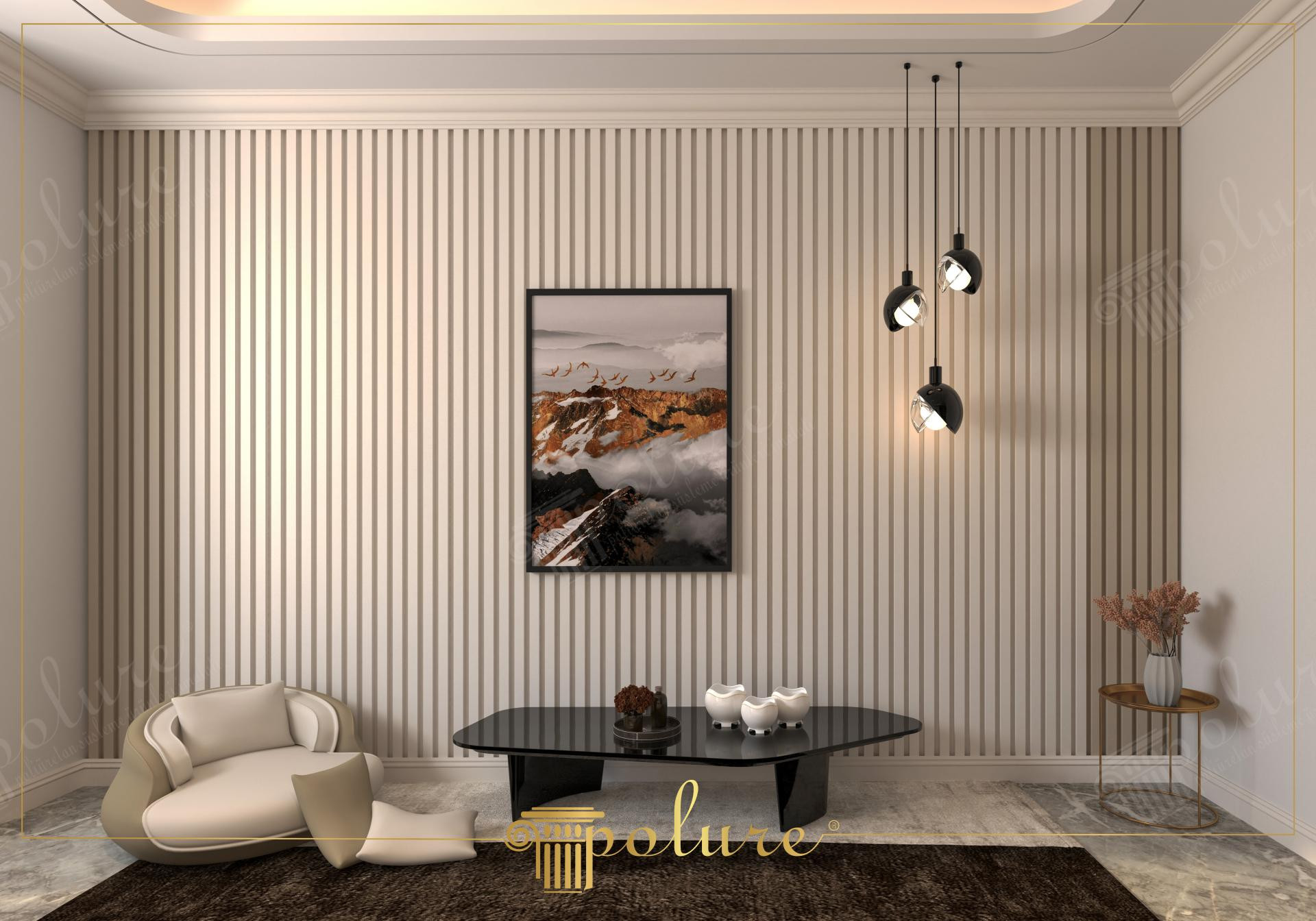 Living cu perete riflat vertical din poliuretan și cornișă luminoasă cu LED