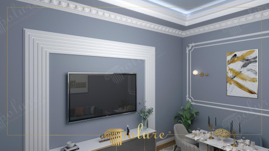 Neoklasik Gri Odaklı Modern Salon ve Katmanlı TV Paneli Tasarımı