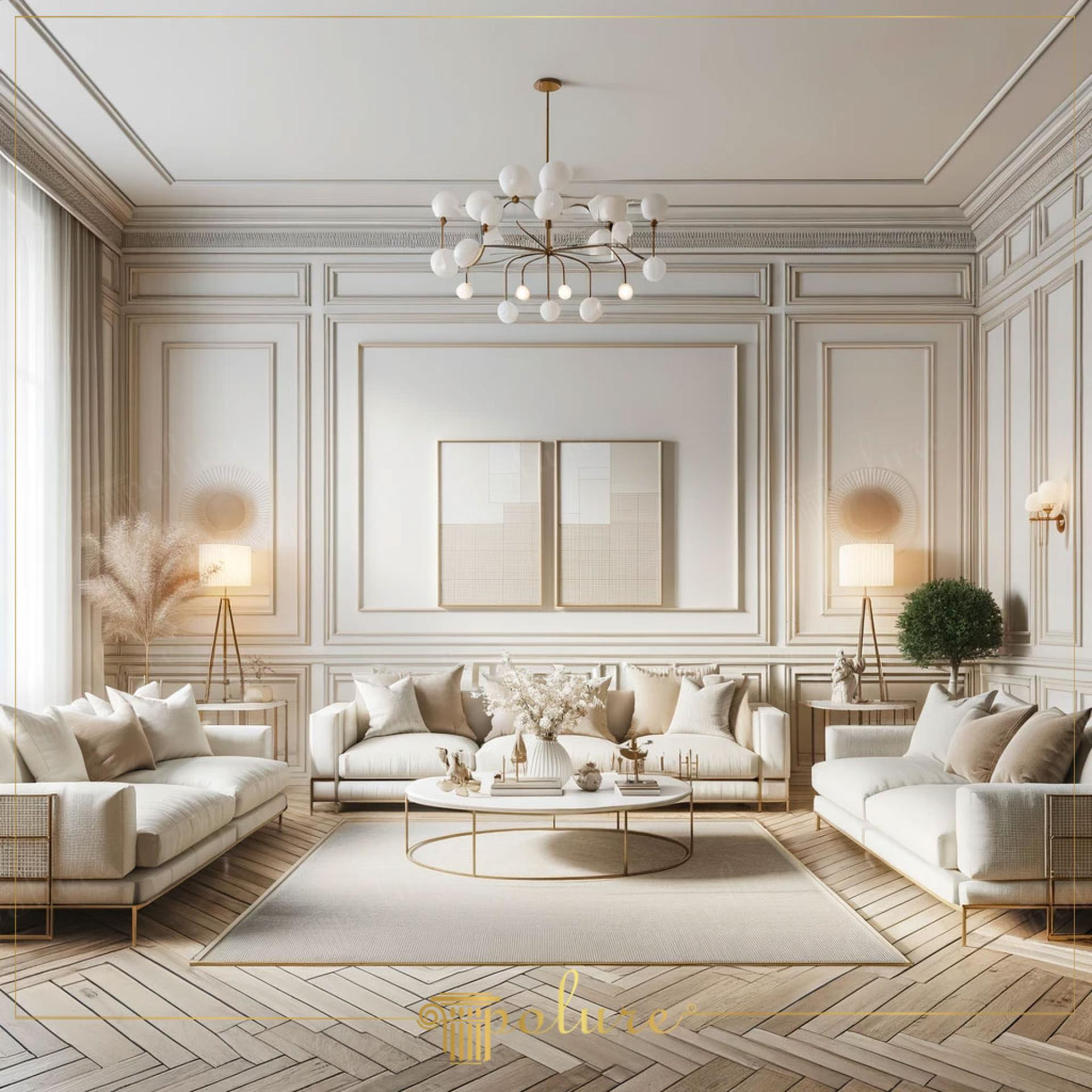 Living clasic ivoire cu canapele albe, boiserie si cornise din poliuretan