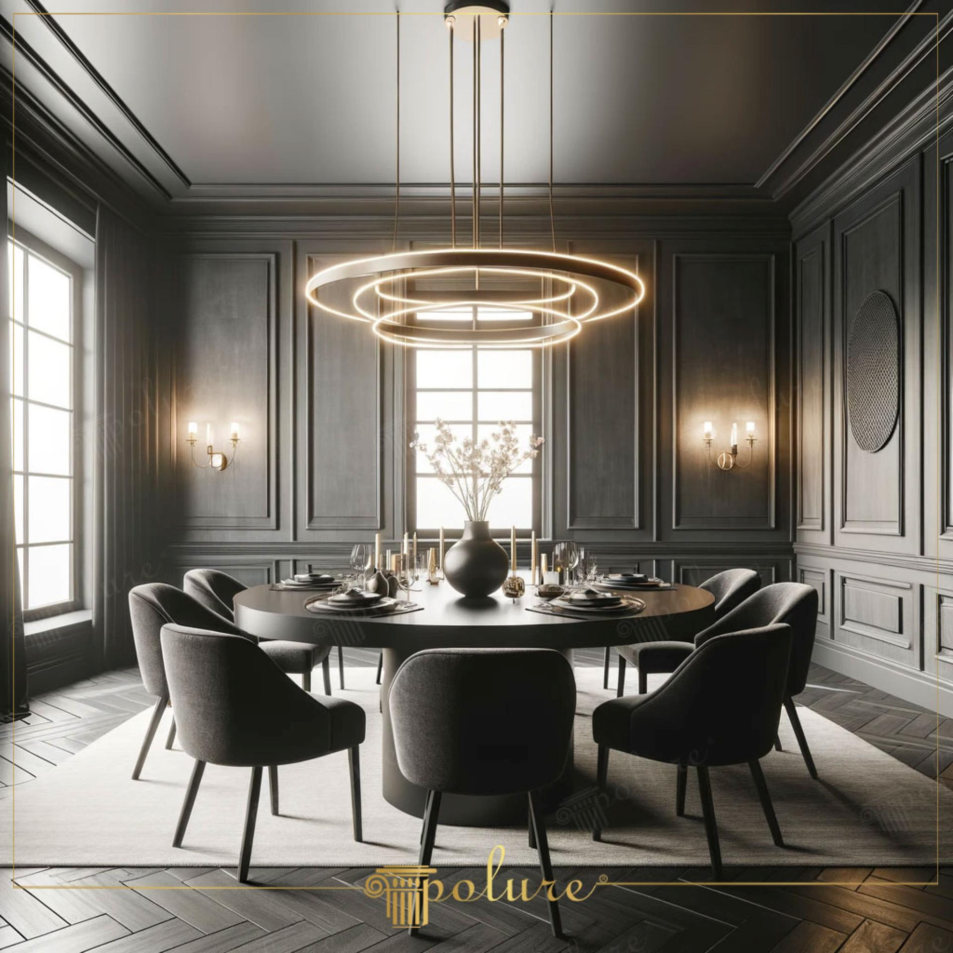 Sufragerie gri inchis cu masa rotunda, lambriu inalt si candelabru cu inele luminoase