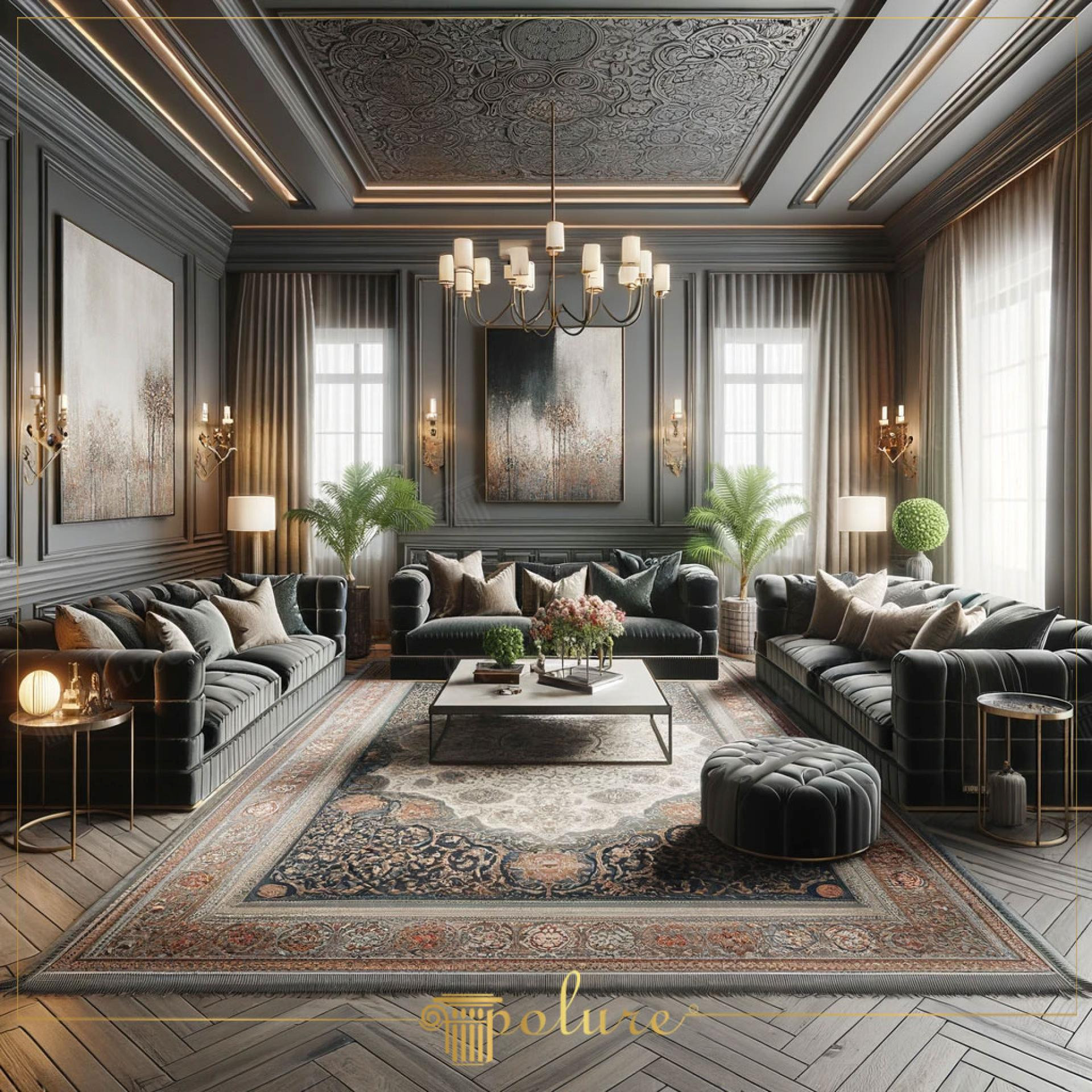 Living luxos gri cu tavan casetat ornamental din poliuretan si covor oriental