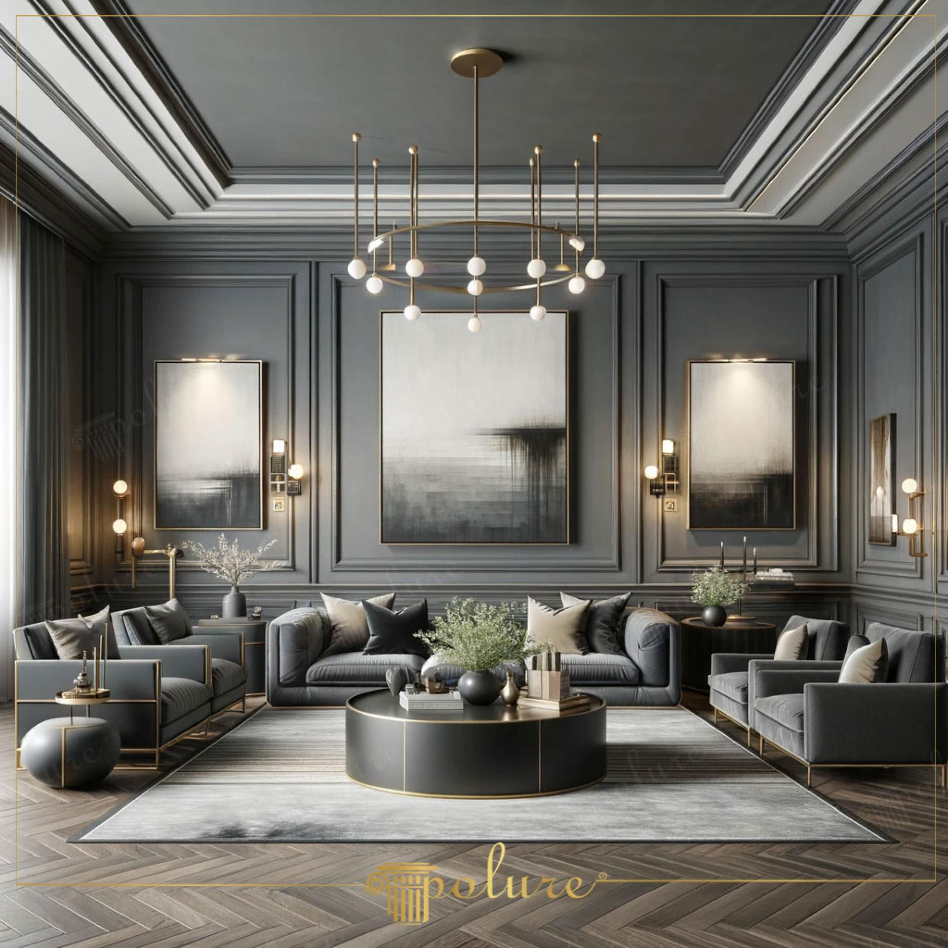 Living gri-albastru cu canapele din catifea, boiserie si candelabru circular din alama