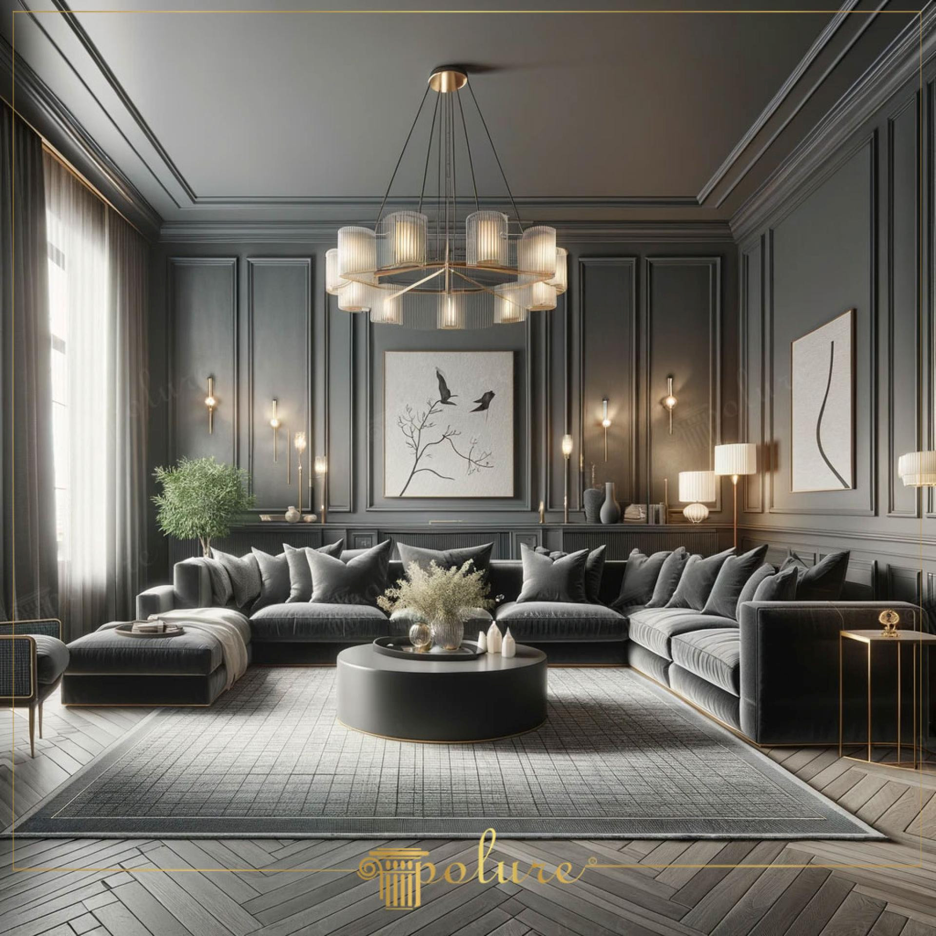Living gri-antracit cu canapea in L, lambriu din poliuretan si maslin ornamental