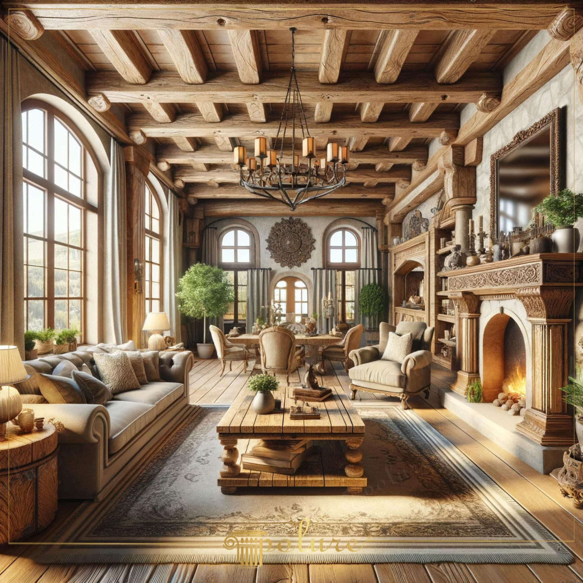 Living rustic toscan cu grinzi masive din lemn, șemineu sculptat și candelabru din fier forjat
