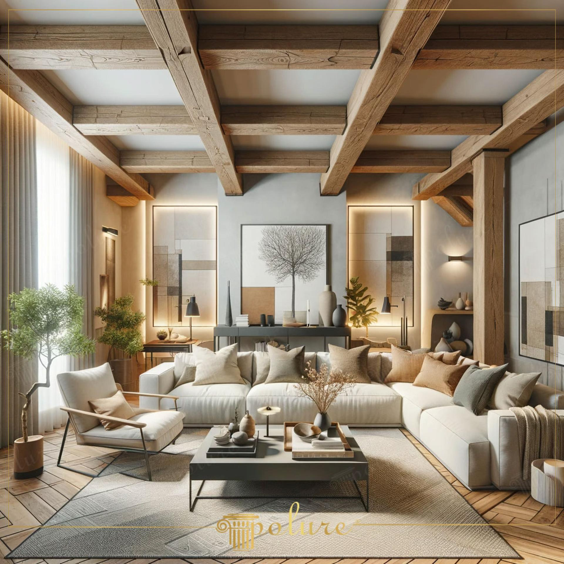 Living modern cu grinzi decorative aparente din poliuretan pe tavan si canapea alba