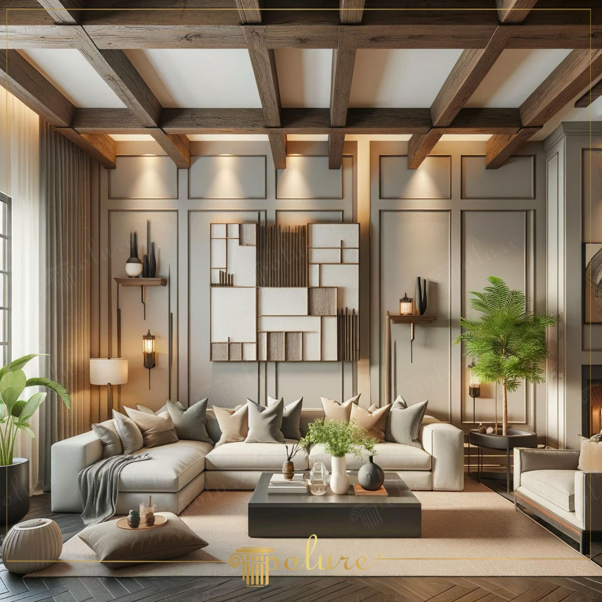 Salon neoclasic cu panouri decorative de perete si grinzi din poliuretan pe tavan