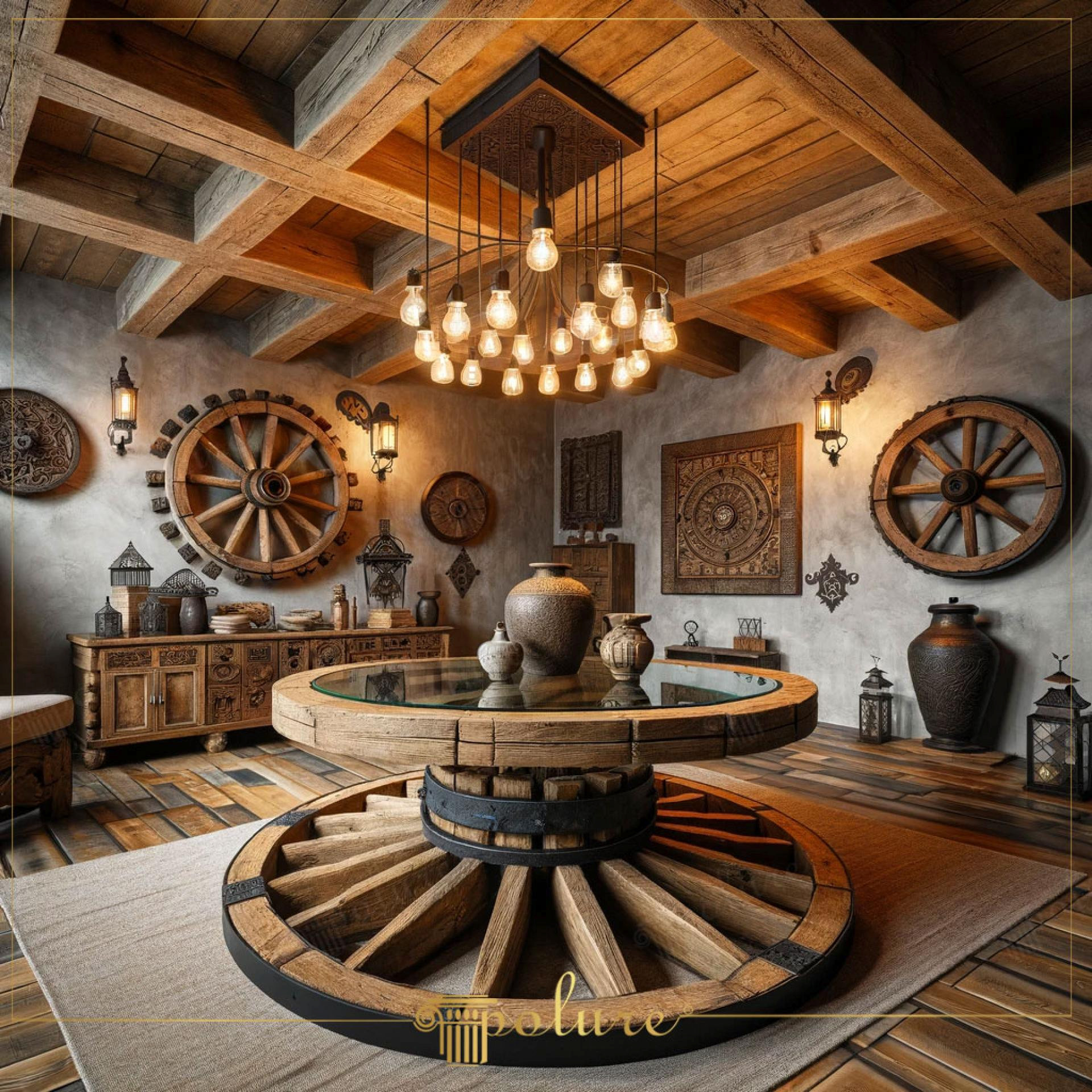 Interior rustic cu grinzi din poliuretan, roti de car pe pereti si masa rotunda centrala