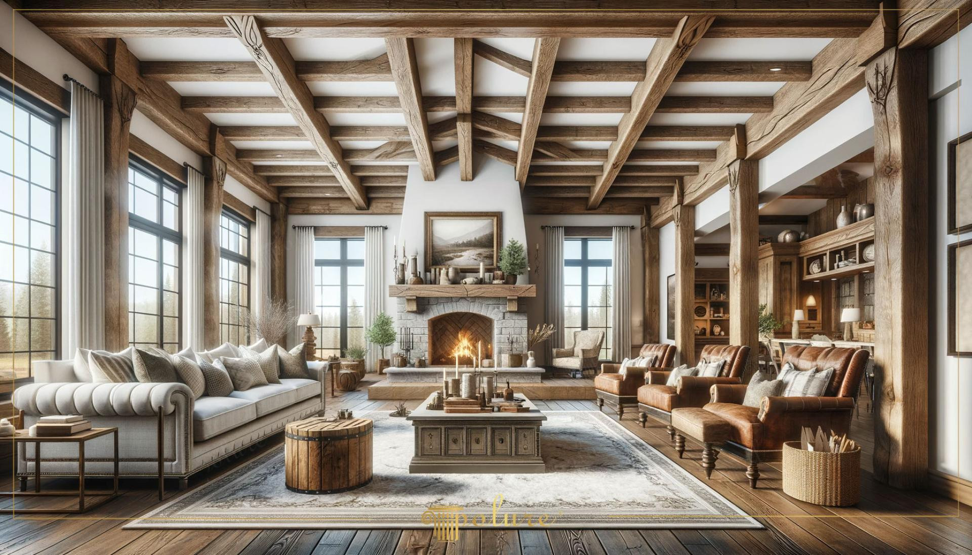 Living rustic elegant cu grinzi din poliuretan, semineu de piatra si canapea capitonata