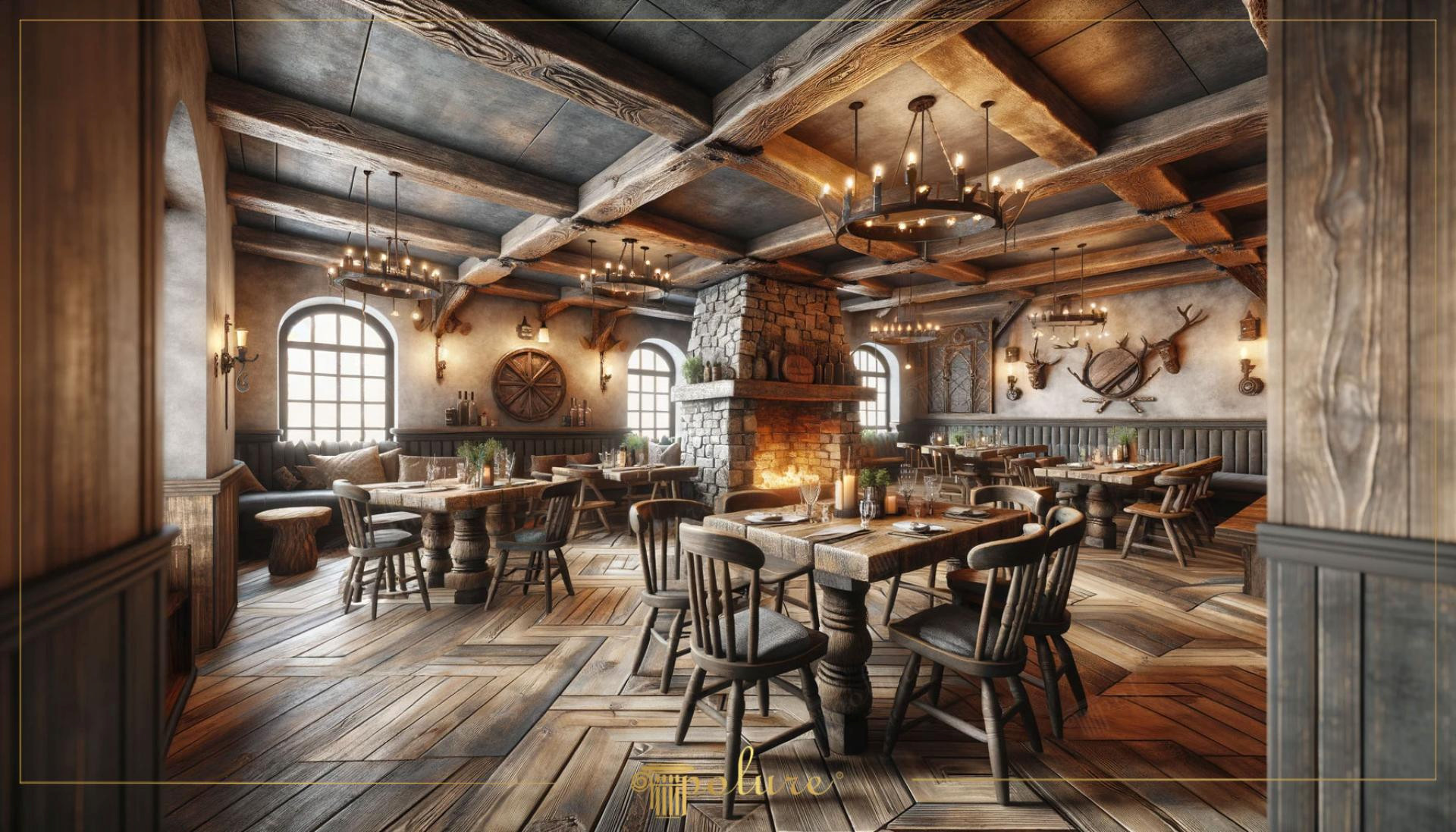 Interior de taverna rustica cu grinzi din poliuretan, semineu de piatra si mese de lemn