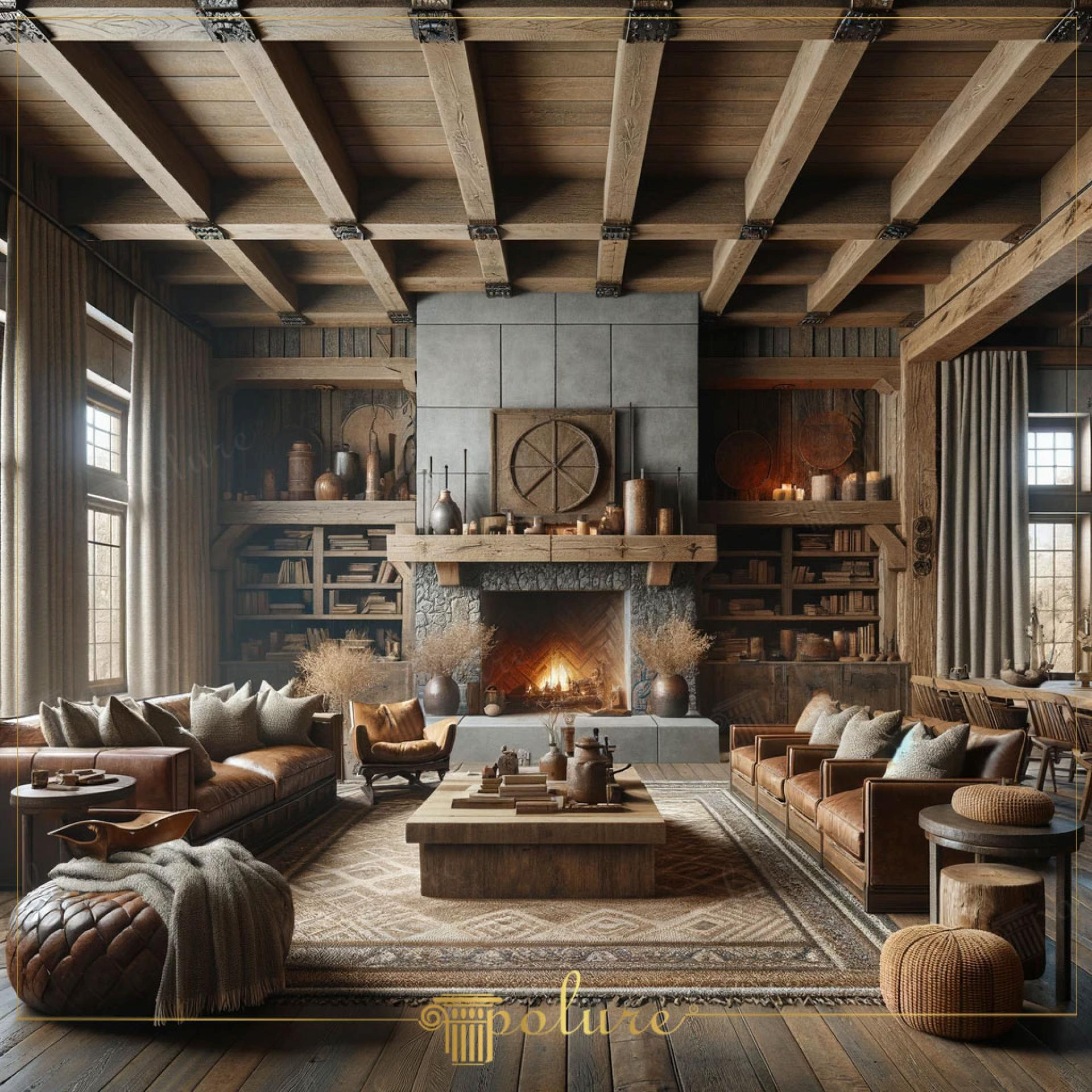 Salon rustic cu tavan casetat din grinzi si semineu de piatra