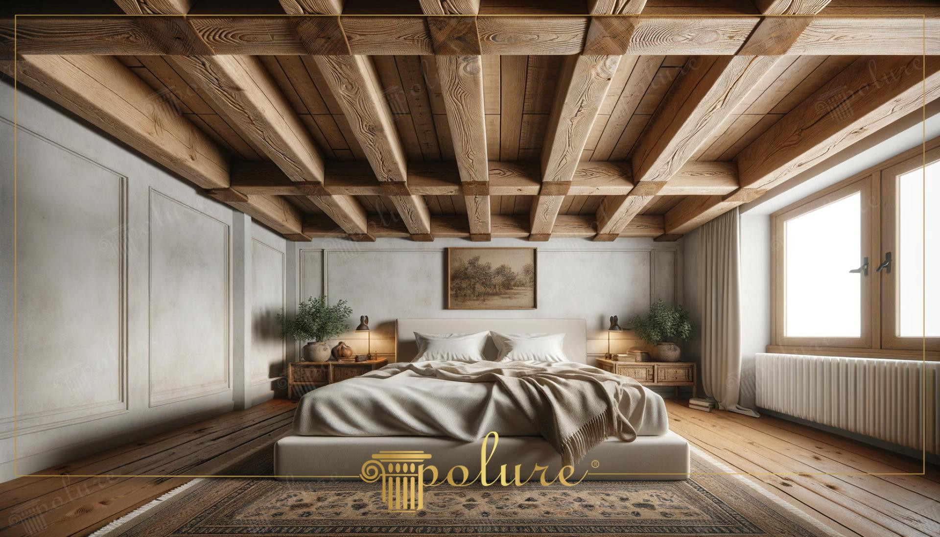 Dormitor rustic luminos cu grinzi de lemn pe tavan si pereti albi