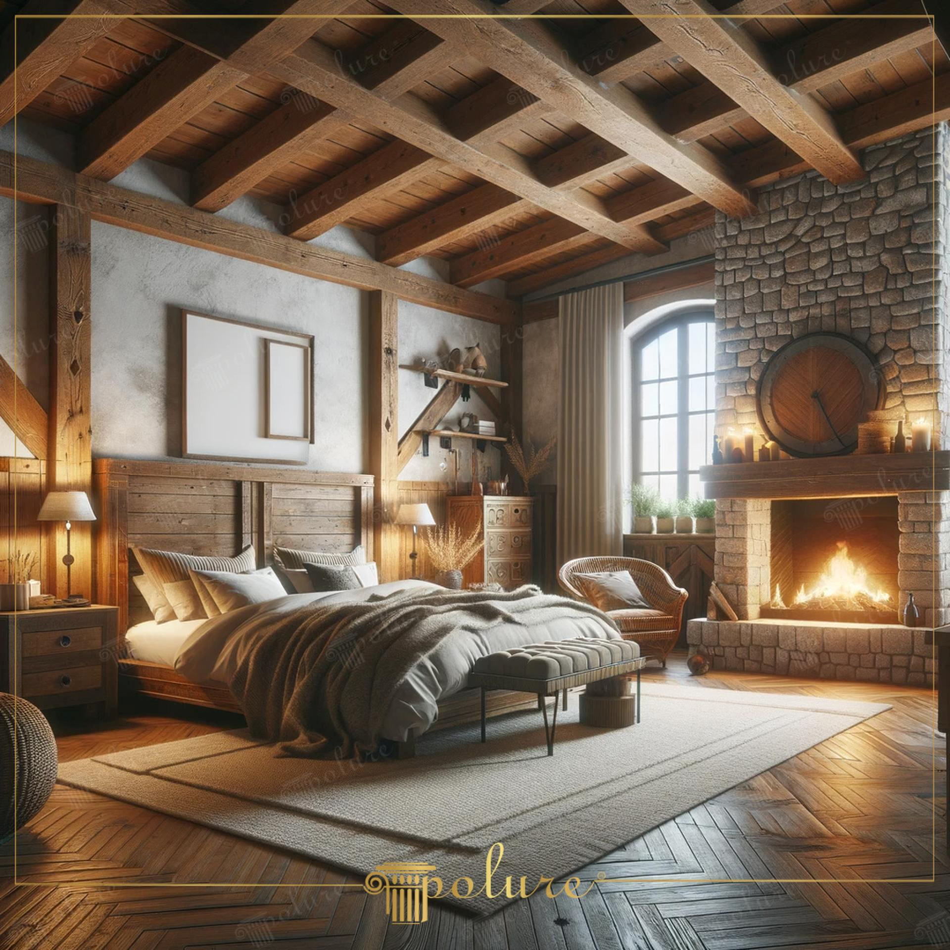 Dormitor rustic cu tavan din grinzi încrucișate și șemineu din piatră cu lumânări
